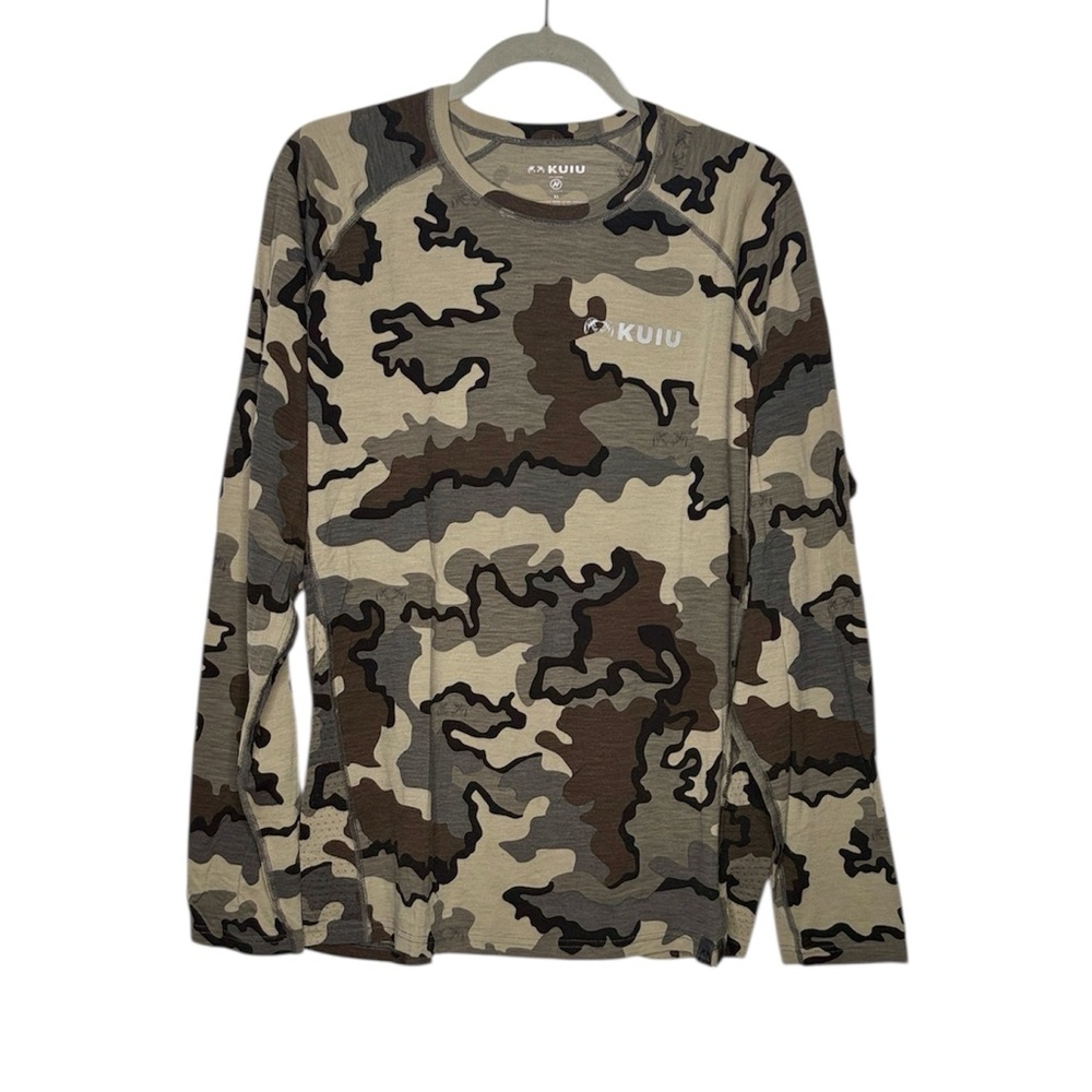 KUIU Men's Brown & Gray Camo Long-Sleeve Crew Neck Shirt Wool Blend Outdoor XL